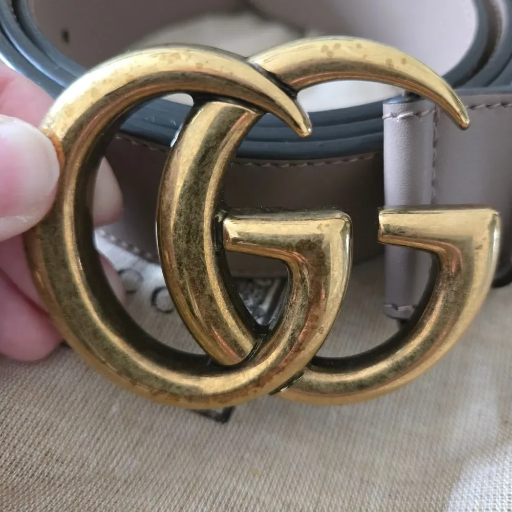 AUTHENTIC Gucci Women's Belt with Gold GG Buckle-Taupe-Light tan/neutral 115/46